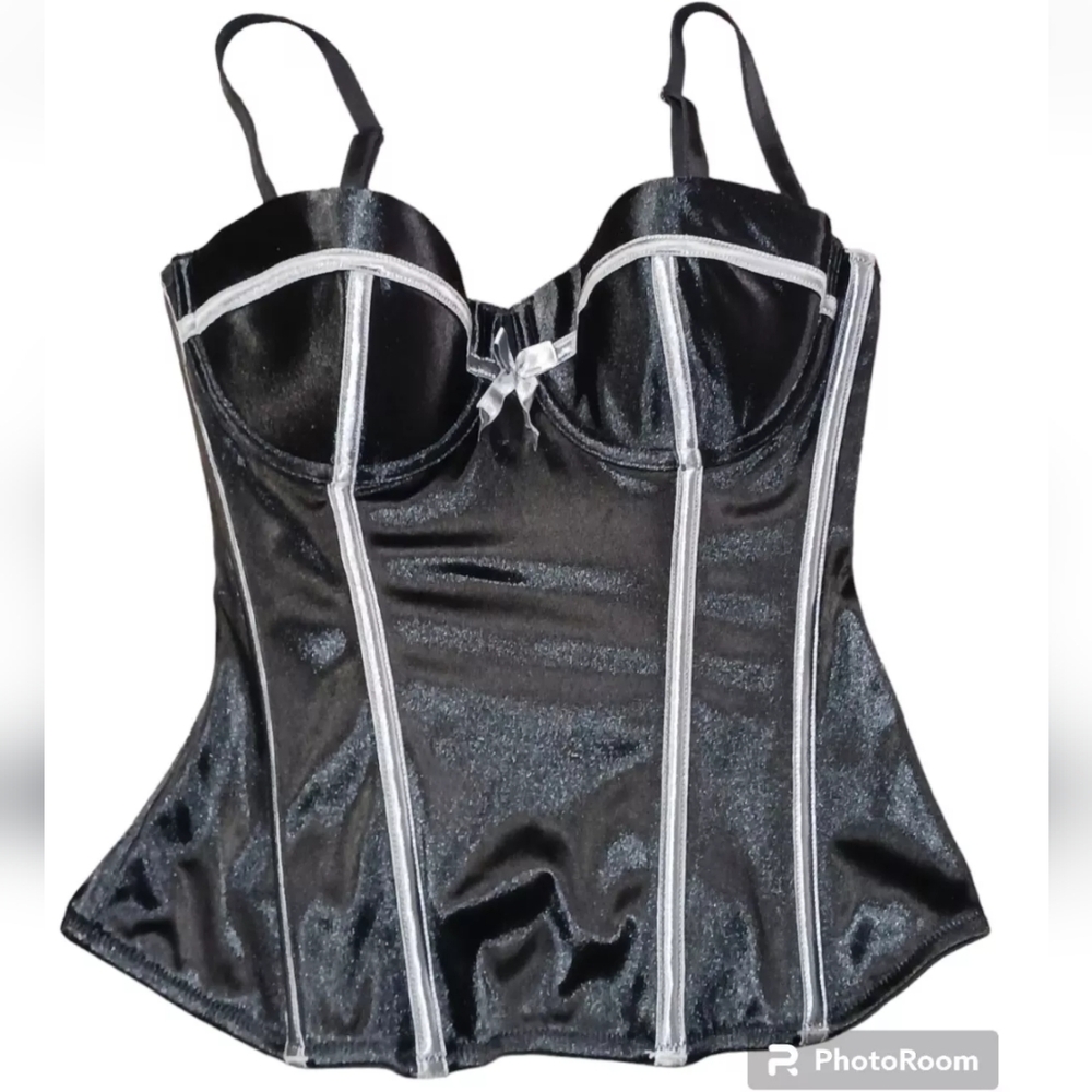 H&M Black & Silver Satin Corset Bustier Top Size 34B
